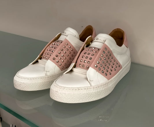 Sneakers VIA ROMA 15 in pelle bianca/rosa con borchie