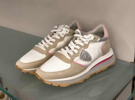 Sneakers PHILIPPE MODEL in tessuto bianco, camoscio beige, tallone pelle rosa