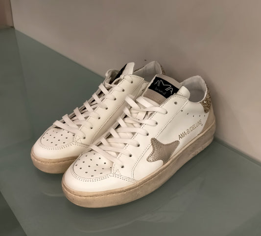 Sneakers AMA BRAND in pelle bianca tallone glitter oro