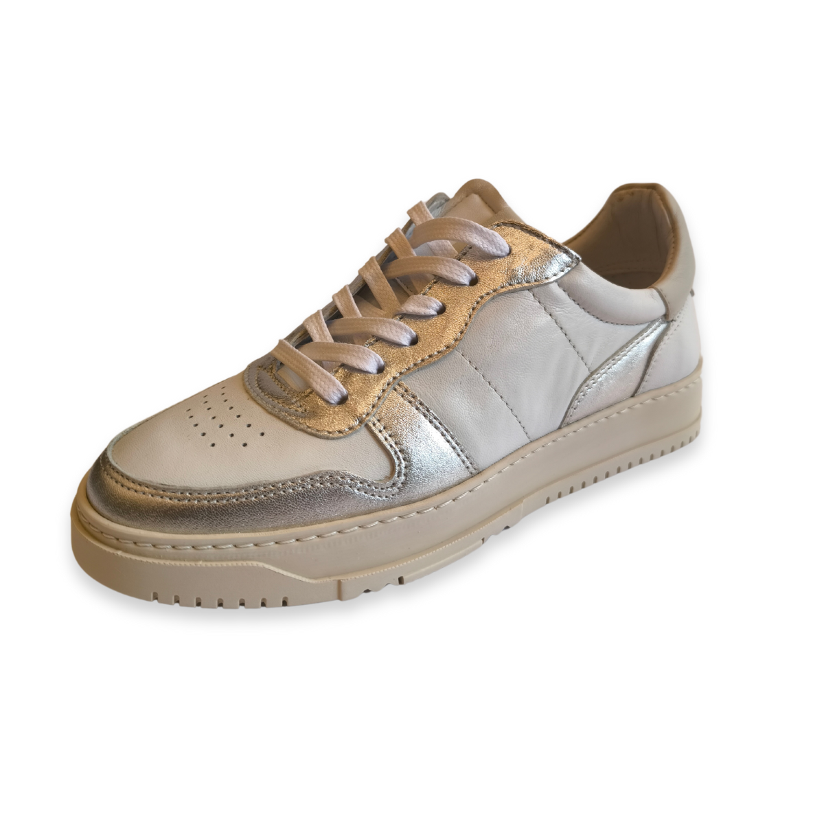 Sneakers National Standard in Vera Pelle Bianca e Argento