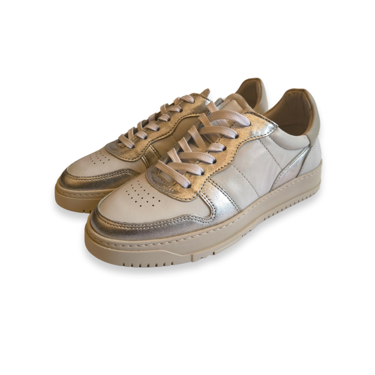 Sneakers National Standard in Vera Pelle Bianca e Argento